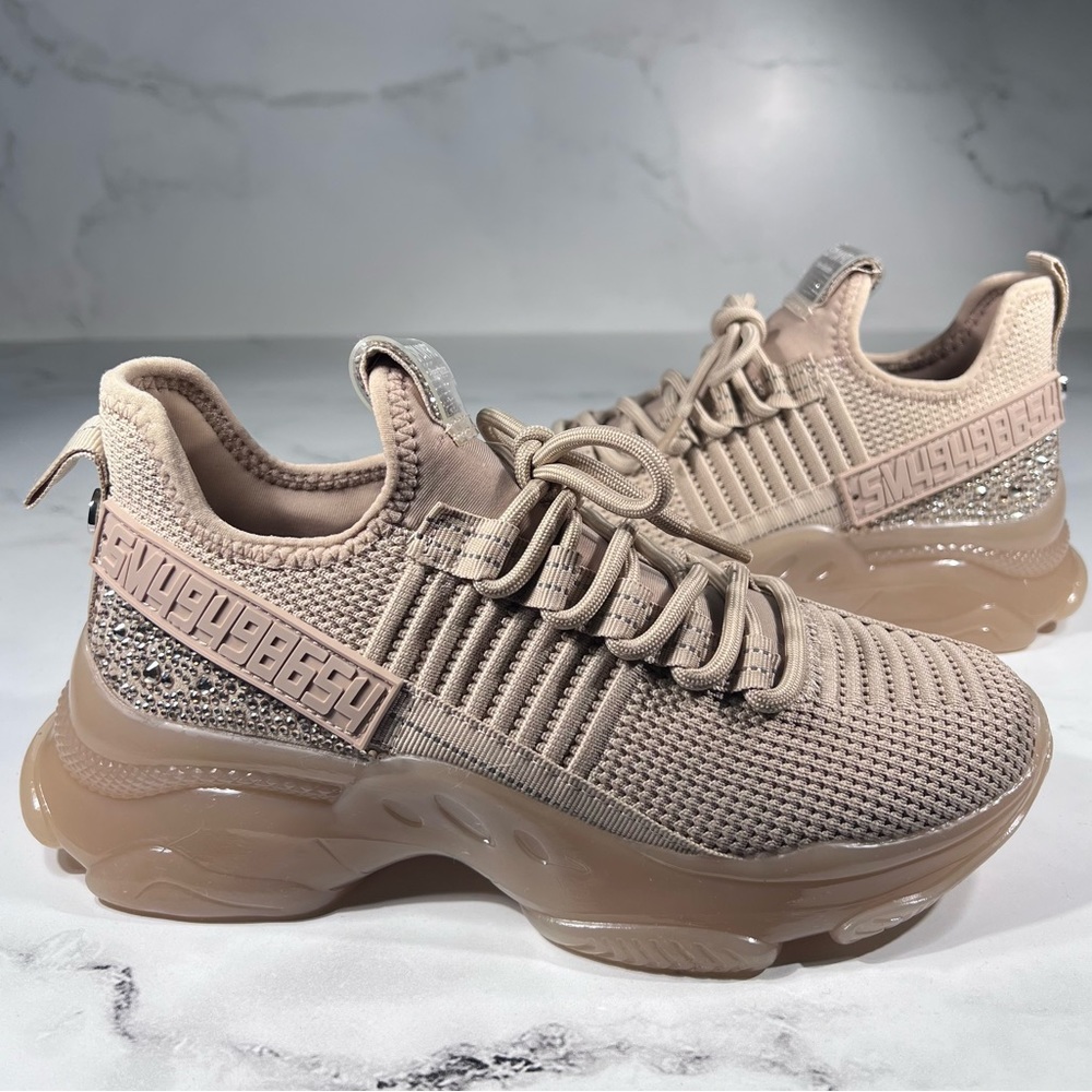 Steve Madden Beige Knit Platform Sneakers with Glitter Heel